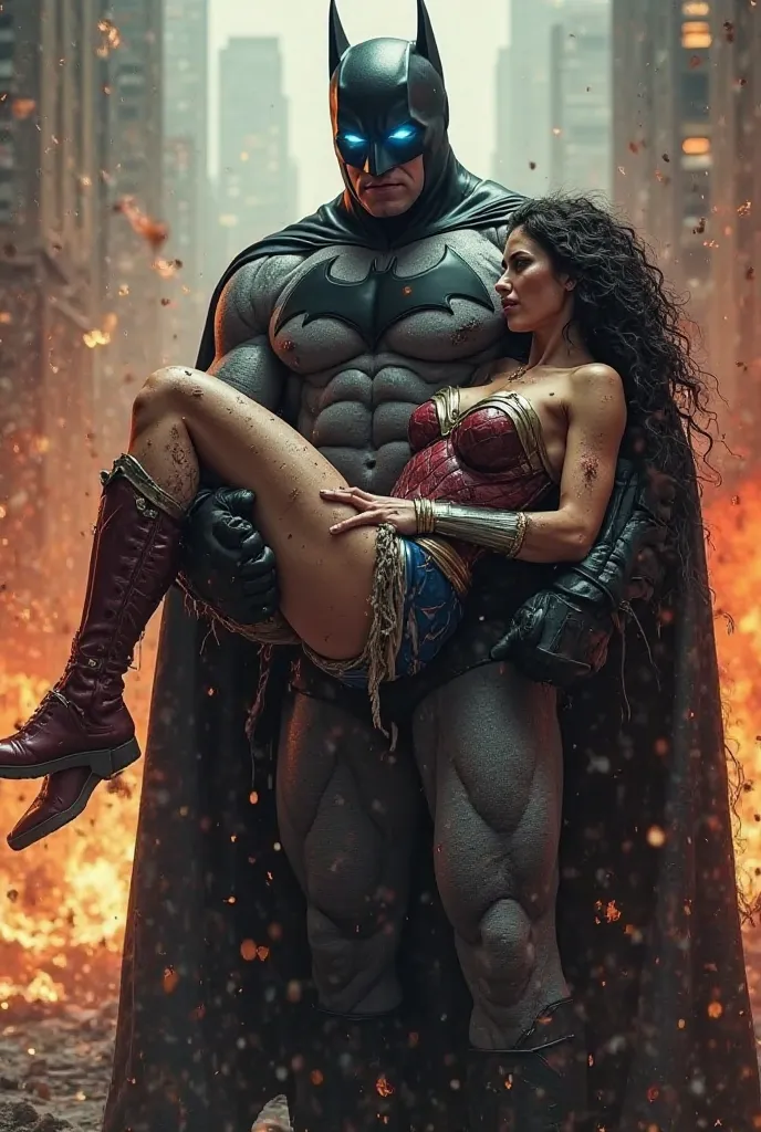 create Batman very muscular and very large, with very high trapezius muscles, the muscles are tearing his clothes, he has eyes with a bright blue light, he is carrying Wonder Woman in his lap who is extremely sexy, with her clothes torn, she is passed out ...