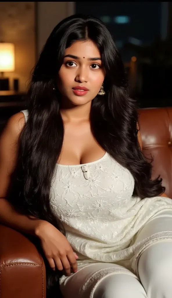 Closeup detailed photo, detailed face, Indian girl on leather couch, leaning back, wearing white embroidered salwar kameez, half sleeve, one sleeve slipped off shoulder, laying on sofa, lying sideways, night lamp background, Busty, wide waist, hourglass fi...