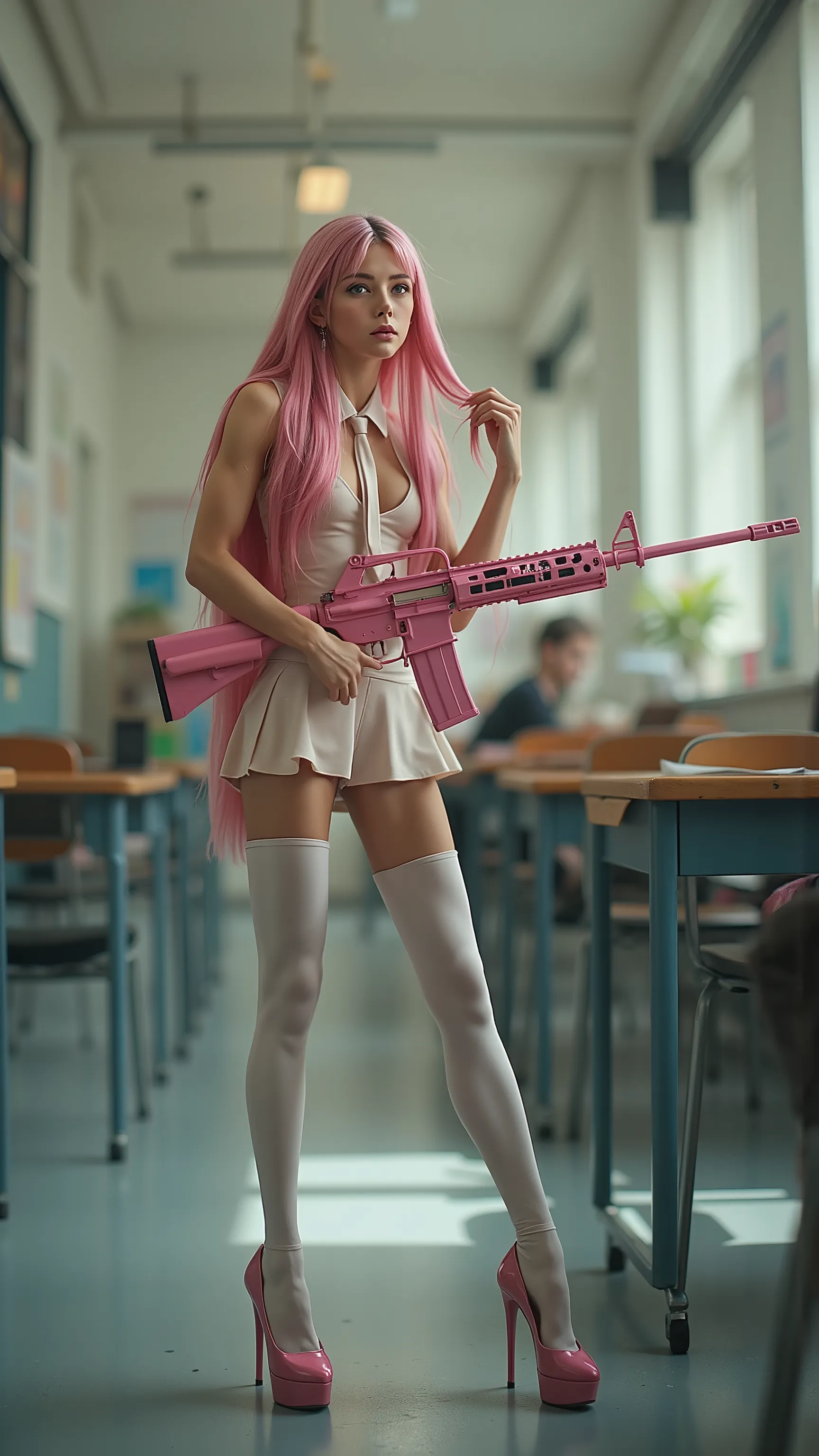 ultra realistic, photography, full body picture of an anorexic russian scandinavian  girl age 16 with super long pink hair, holding av weapon , hourglass slim figure, perfect skinny slim anorexic body, small breasts, long skinny legs, 20 inch platform high...