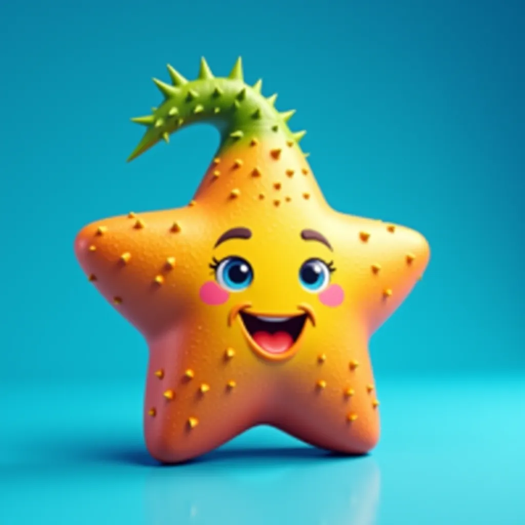 a fun animated star fruit has small eyes and mouth, has a textured, with green spiky leaves on top. The star fruit has a textured.  The background is blue. The image is vibrant and detailed, presented in a 16:9 aspect ratio.