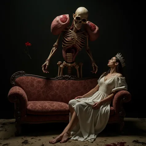 "(the best lighting, HIGH CONTRAST, dark, dramatic),(Woman next to a viscera phallus glans giant robot CENOBITE, flower, Crown, fetus, autopsy, human bones, Blood on the Beach, sofa). Light Caravaggio"