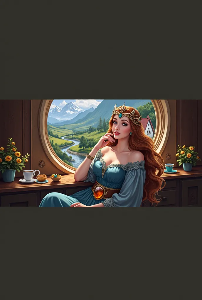 Create an image of a regal woman with striking blue eyes and flowing chestnut-brown hair, sitting near an ornate circular window. She wears a delicate copper crown with turquoise gemstones and a blue off-shoulder dress with lace details. A brown belt with ...