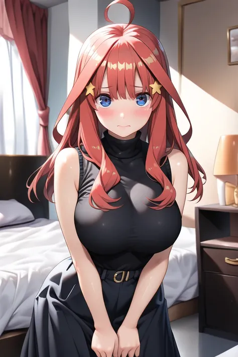 1girl,nakano_itsuki, blue eyes, red hair, long hair, ahoge, star hair ornament, (sleeveless turtleneck:1.2), long skirt, JK, (masterpiece:1.3),(ultra detailed:1.3),(best quality:1.3),(extremely detailed CG :1.2), (detailed beautiful eyes:1.1),(super detail...