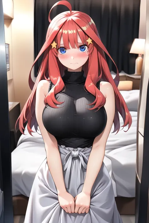 1girl,nakano_itsuki, blue eyes, red hair, long hair, ahoge, star hair ornament, (sleeveless turtleneck:1.2), long skirt, JK, (masterpiece:1.3),(ultra detailed:1.3),(best quality:1.3),(extremely detailed CG :1.2), (detailed beautiful eyes:1.1),(super detail...