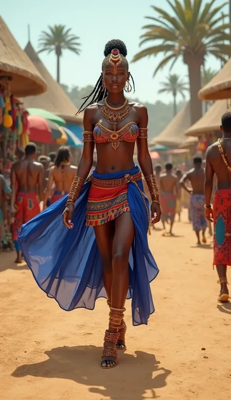 "A striking African warrior queen confidently walks through a bustling traditional marketplace, her presence commanding admiration. She wears an intricately designed tribal outfit, consisting of a beaded bandeau top and matching short skirt, decorated in r...