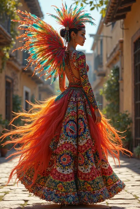 Complete and realistic women's costume inspired by Mexican Alebrijes from Oaxaca with lots of color, feathers on the back