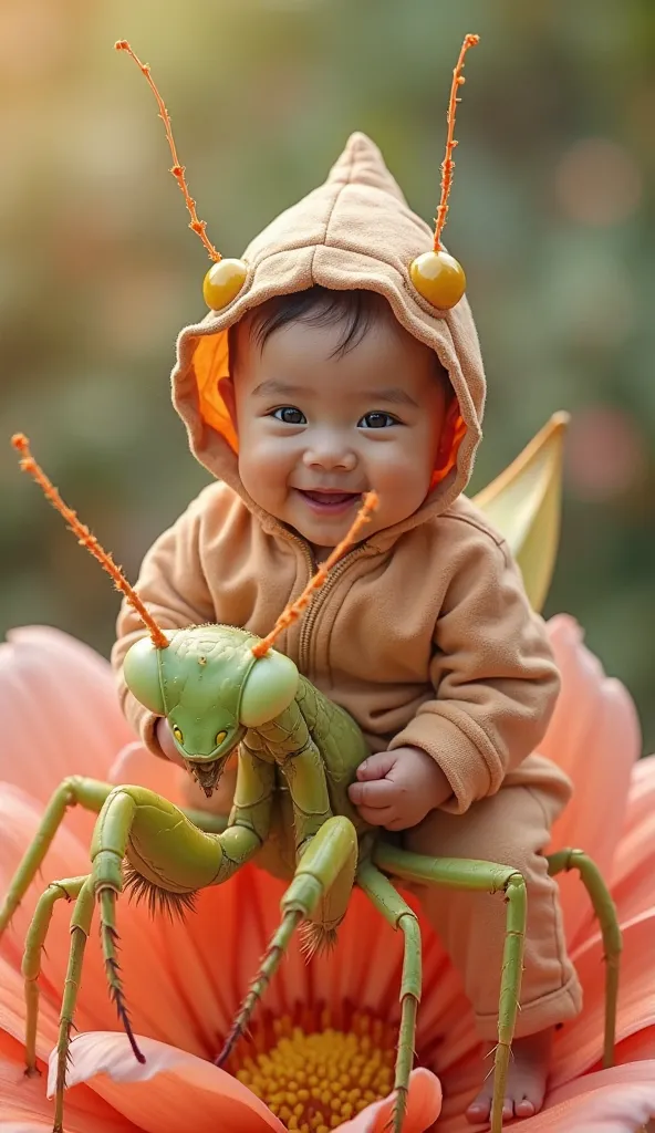 A baby wearing a large, realistic-looking cute mantis costume, riding on the back of a giant mantis、Face is real 、 a baby of about 6 months 、 cute、smile、Like a photo、Many cute mantises at my feet、、Face is real 、 sparkle、The background is on a big flower 、 ...