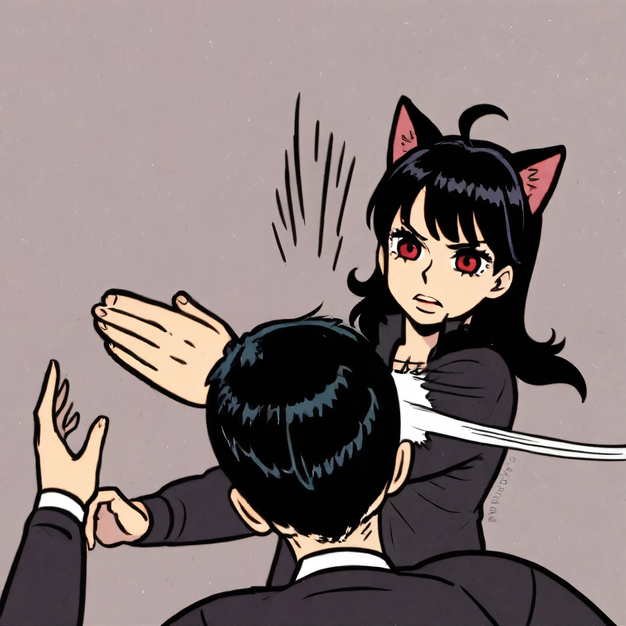 ,(((cat girl, cat ears)), (red eyes), ( long hair ), (( black hair, (Ahoge), straight bangs,)),  black clothes,  2 boys, slapping , slapping  motion, lines of motion, obra maestra,  highres