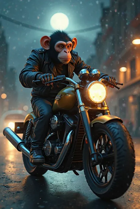 A Monkey that ride a motorcycle, at midnight, realistic, Side profile