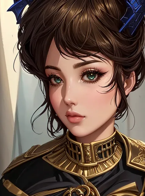 a woman wearing a gold and black (military dress),  beautiful goddess, , stunning female humanoid, portrait knight female, lofi steampunk bioshock portrait, alluring mesmer woman ((full view))