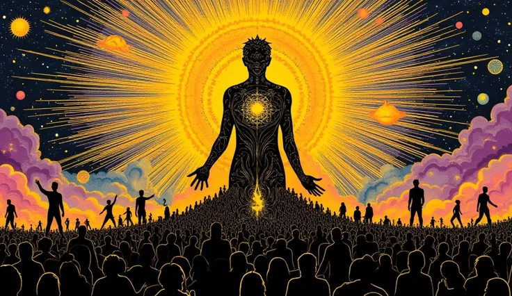 
Description (alt text)
A stylized illustration featuring a central figure outlined in black against a radiant golden background. The figure is filled with intricate patterns and radiates light from its core. Surrounding the figure are smaller silhouettes ...