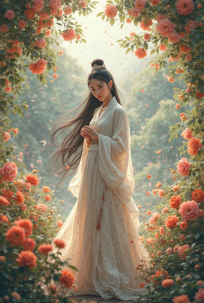 Ancient Korean Korio Dynasty 1 Girl, high resolution,  long hair, Standing in the middle of a flower garden. Beautiful shape