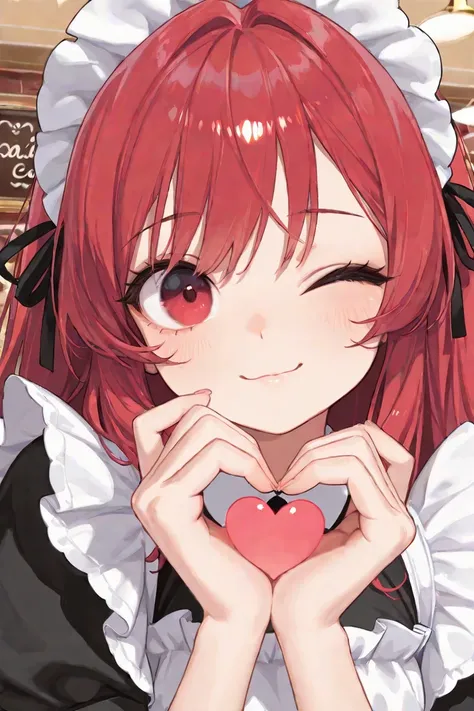 masterpiece, best quality, insanely detailed, exquisite, beautiful, looking at viewer, closeup shot, 1 girl, red hair, red eye, maid, maid cafe, wink, making a heart with hands, cute face, golden ratio, kawaii