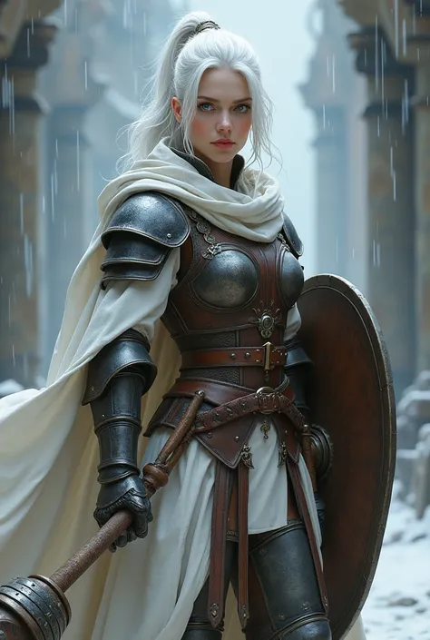 Full body, A worriorwoman, light skin, determined face, very light grey eyes, medium scruffy white hair, white eyelashes, white eyebrows, holding a flail, holding a shield. Storm cold cleric. fire, dustruction, rainstorm (((wearing a white cloak))), combin...