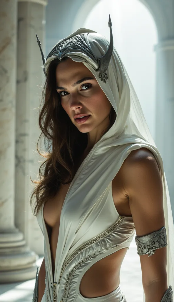 Here's a detailed prompt to generate a super realistic image dagal gadot as Ashrah, with her shiny white metallic outfit, in addition to her shiny white metallic hat: "Hyper-realistic close-up of dagal gadot as Ashrah, the redeemed demonic warrior of * mor...