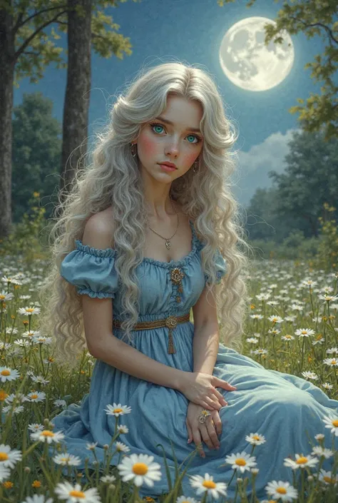 A girl with fair skin, But slightly tanned , with long, wavy silver hair and emerald green eyes, wearing a Victorian blue summer dress. Woman sitting quietly amen in the garden. Carpet of daisies on the floor, Maple trees, Giant Moon in the Sky 