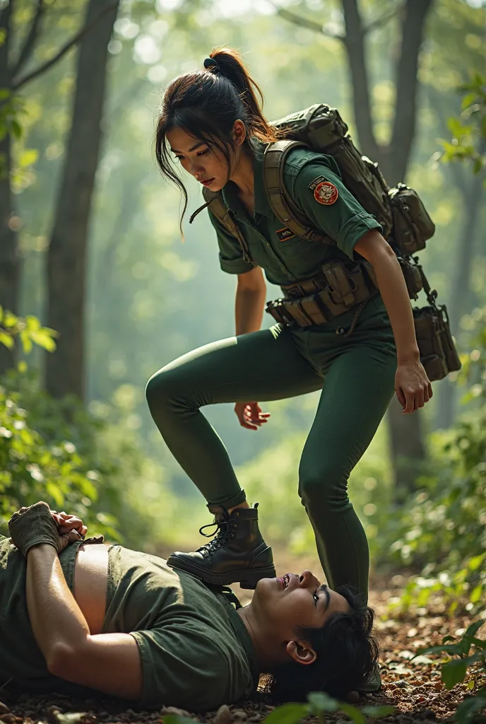 Jeune femme japonaise soldate colère combinaison militaire moulant legging vert serré elle a le pied sur la tête d'un un vieux boucher obèse dans la forêt photo vrai 