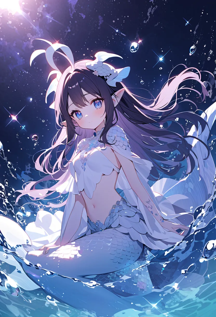 An anime mermaid with long black dark violet hair, blue eyes, and fair skin flecked with sparkle. She has white fins between her toes and ears, scales on her shoulders and a long white tail, and two long white antennae on top of her head.