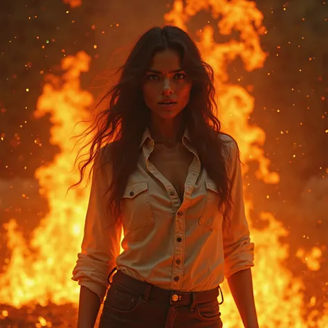 Beautiful Woman wear shirt , full body in fire , hopeless , Full body