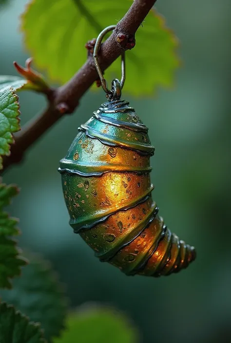 A close-up photograph of a metallic chrysalis hanging from a small branch, with a reflective silver surface engraved with "925". The chrysalis has delicate cracks revealing a soft golden glow from within, indicating the imminent emergence of a butterfly. T...