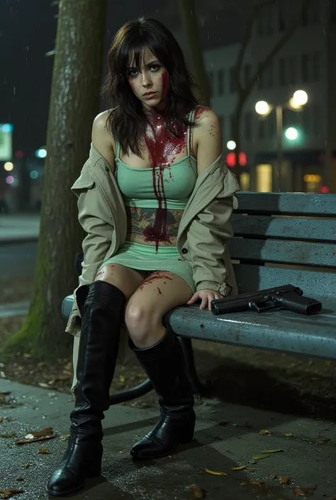 bloodied and mortally wounded tatooed female gangster sits alone on a city metal bench at night. She has multiple gunshot wounds in her neck, chest belly and flank. The gunshot wounds are deep crimson red. She is wearing a light green sleeveless mini dress...