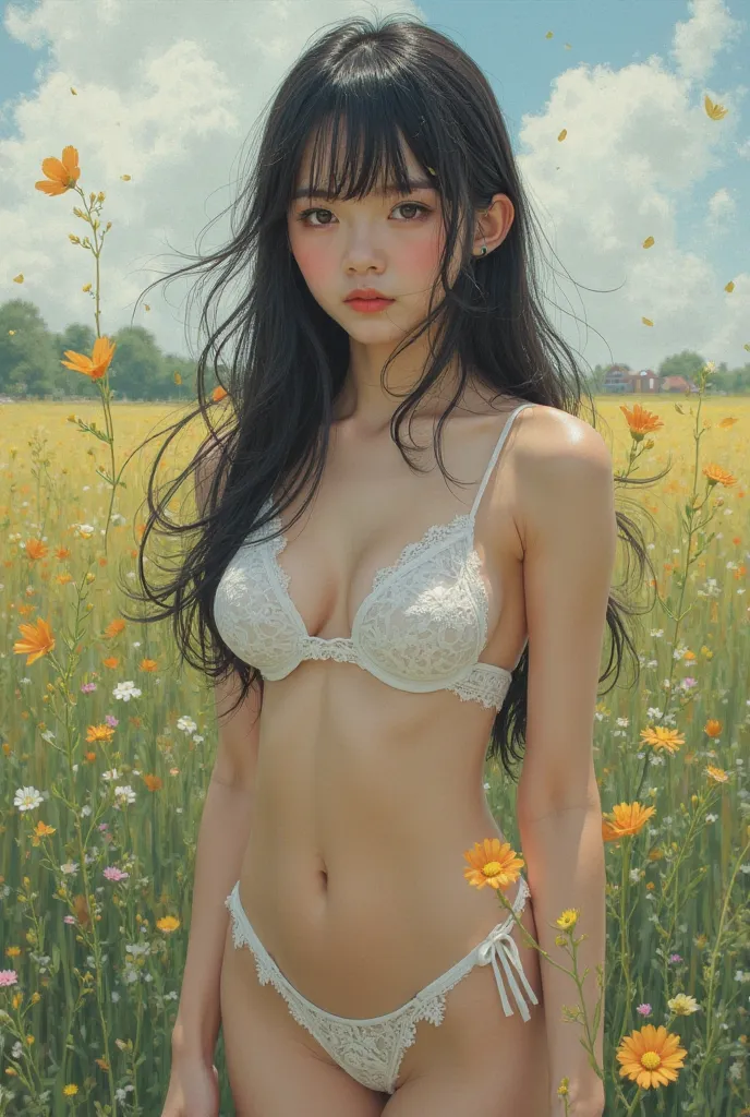 Bare Skinの美しさ、Beauty during the growing season、(((8k、Hi-Res、Best Quality、Hi-Res)))alone、natural body shape、Extremely realistic and beautiful appearance、 white skin、 black hair、bangs、straight long hair、((( exposes thighs)))、、((Concentrate on everything))、
e...