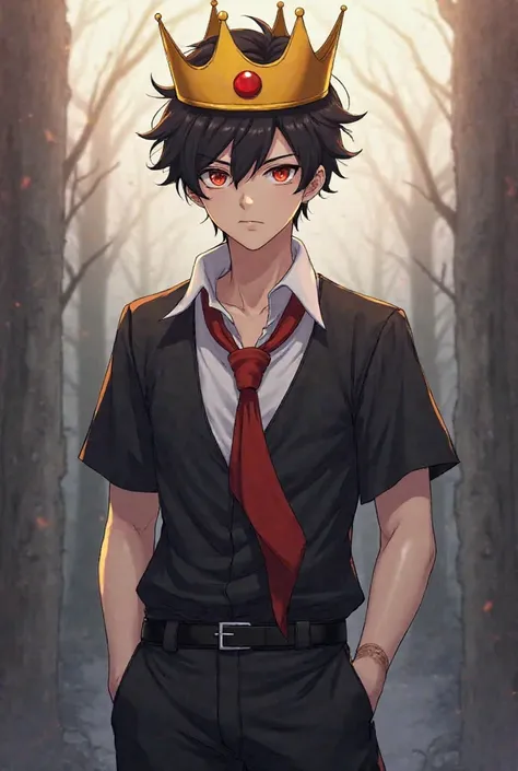 A anime boy where black t shirt open button and we hearing white shirt inside black t shirt and where red tie black pent and yellow crown with red dot