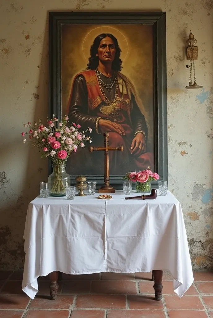 a large rectangular table leaning against a wall, with white cloth covering the table, flower jars, four glasses with water on the table, antique pipe on the table, wooden cross on the table, Image of an Indian chieftain at the table, image of Our Lord of ...