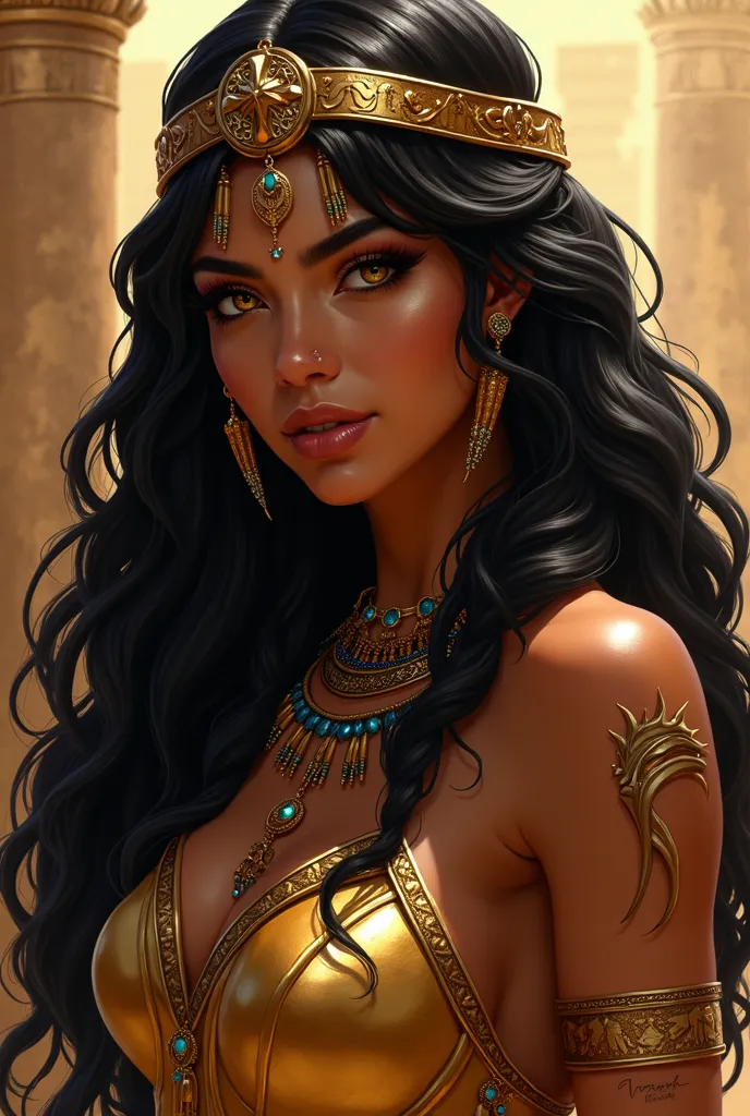 "Ultra-detailed portrait of a 23-year-old Egyptian warrior and noble, Cleopatra's half-sister. She stands at 1.73m tall with an athletic, curvaceous figure combining strength and elegance. Her intense, glossy black hair falls in thick, lustrous waves, perf...