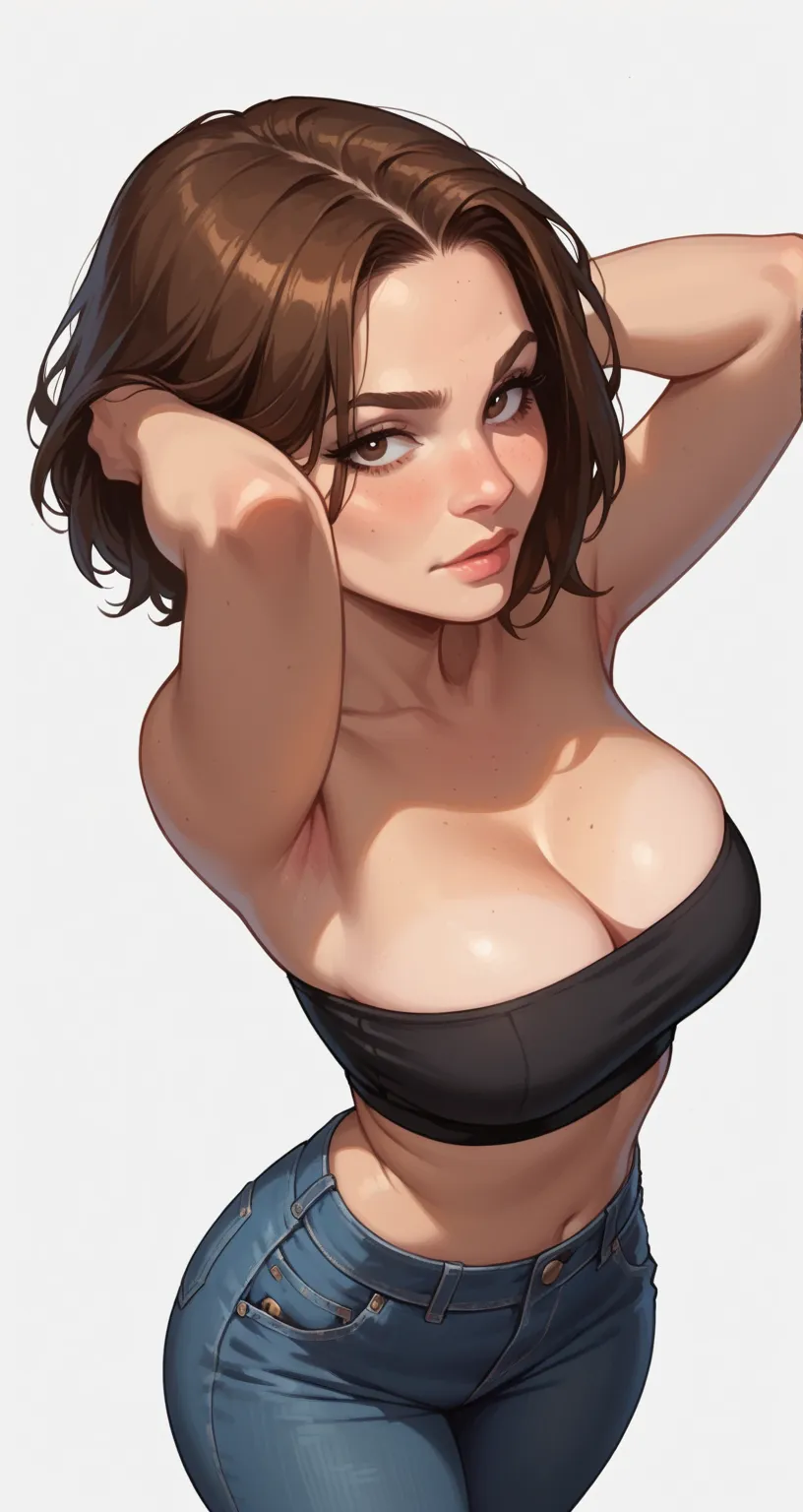 score_9, score_8_above, score_7_above, cartoon of a girl, Alone, Sensual, rascal, brown eyes,  brown hair, Straight hair, jeans, black tube top ,  cleavage,  medium breasted, wide hips, thighs, hands behind the head, standing,  white background