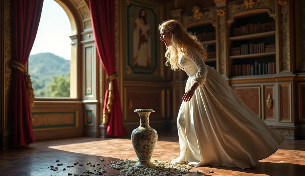 16th century rich hall of an Italian palace, a European woman 25 years old blonde in rich clothes of an Italian aristocrat screams angrily, at her feet a broken porcelain vase, Tuscany is visible through a large arched window