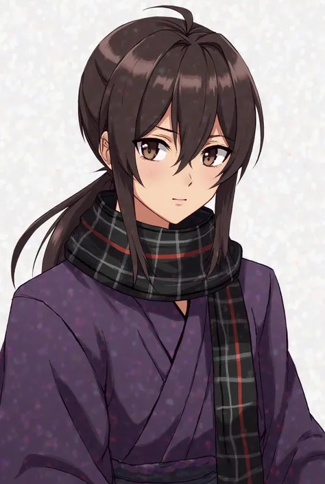 he is portrayed as a young adult. long, dark brown hair is tied in a ponytail and dark brown eyes that glow red after It activated  . He wears a black and white plaid scarf (black and red in the anime version), and a purple kimono underneath the Shinsengum...