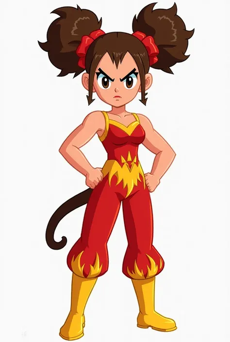 [A stylized female character with fiery red and yellow attire,  a stern expression, and large, elaborate brown hair buns adorned with red ribbons, standing in a powerful pose], [Digital painting, cartoon style with bold lines and flat coloring, reminiscent...