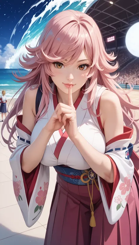 Yayoi kusakabe,pink hair, long hair, brown eyes, Armpit Show, (ultra-realistic, 32K, masterpiece: 1.2), (Skin with attention to detail: 1.1), (high quality: 1.1), Unax, (heterochromia iridis: 0.8),Hand finger detail,Detailed fingers, nice fingers,Detachabl...