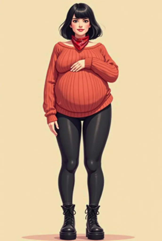 Curvy pregnant woman with short black hair with bangs, wearing a tight red long sleeve sweater with ribbed texture, Red bandana around her neck, tight spandex pants shiny black leggings and black lightweight platform boots, standing in a relaxed pose with ...