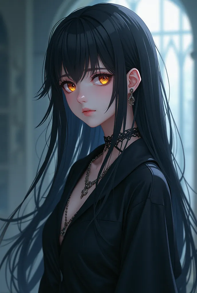 4k long black hair anime girl, glow hazel eyes, oversized black shirt, ear piercings, tattoos, full body pose dragon