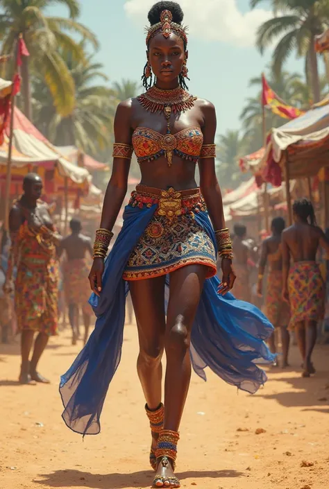 "A striking African warrior queen confidently walks through a bustling traditional marketplace, her presence commanding admiration. She wears an intricately designed tribal outfit, consisting of a beaded bandeau top and matching short skirt, decorated in r...