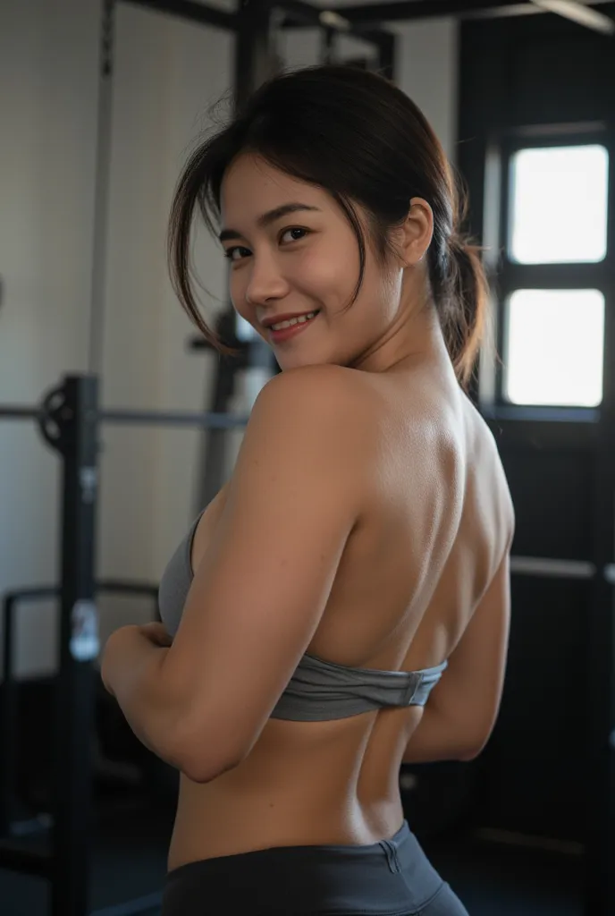 athletic beautiful mid 30s thai woman wearing sports bra and athletic pants taking a break at home gym. back to camera. thick muscular upper arms. muscular back. sweaty. photo taken from side. smiling.