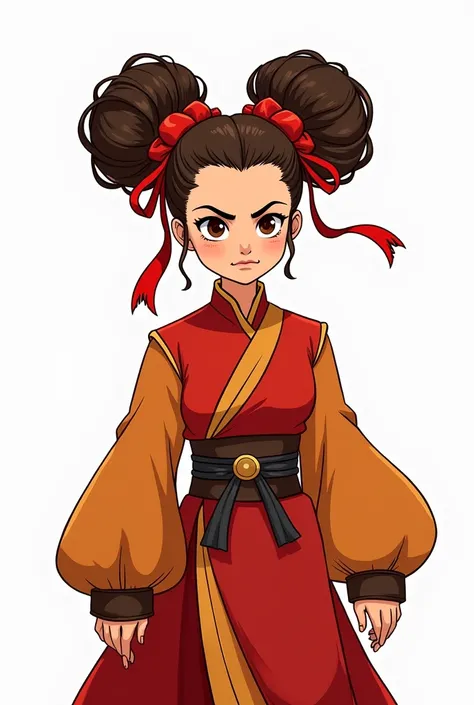 [A stylized Chinese female warrior character with fiery red and yellow attire,  a stern expression, and large, elaborate brown hair buns adorned with red ribbons, standing in a powerful pose], [Digital painting, cartoon style with bold lines and flat color...