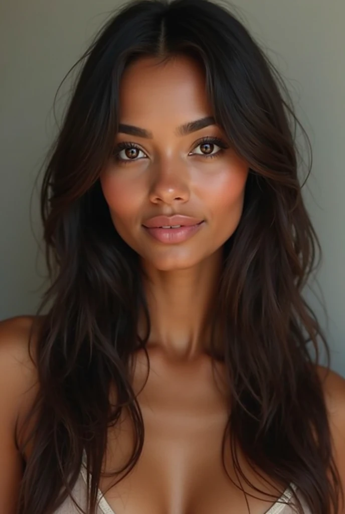 Create a hyper-realistic avatar of a human with the following characteristics: medium brown skin tone, long straight dark brown hair, and brown eyes. The avatar should have a natural, confident expression, and soft, subtle facial features. The person shoul...