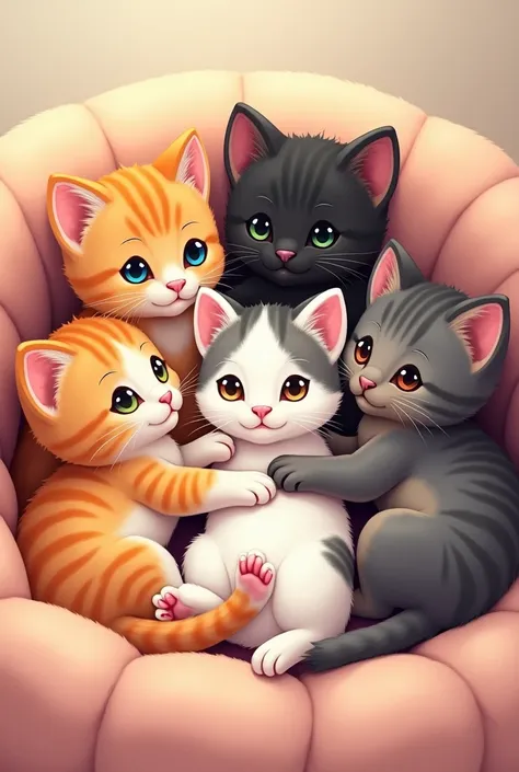 cartoon of cute kittens two oranges, Two blacks,  a frajola , a Siamese,way a gust with white paws and a slightly stained white one on the back, Lying together in a cute way