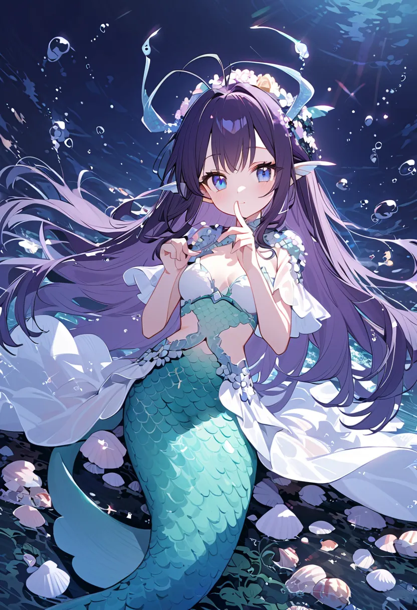 An anime mermaid with long dark violet hair, blue eyes, and fair skin flecked with sparkle. She has white fins between her fingers and ears, scales on her shoulders and a long white tail, and two long white antennae on top of her head. Her hair is decorate...