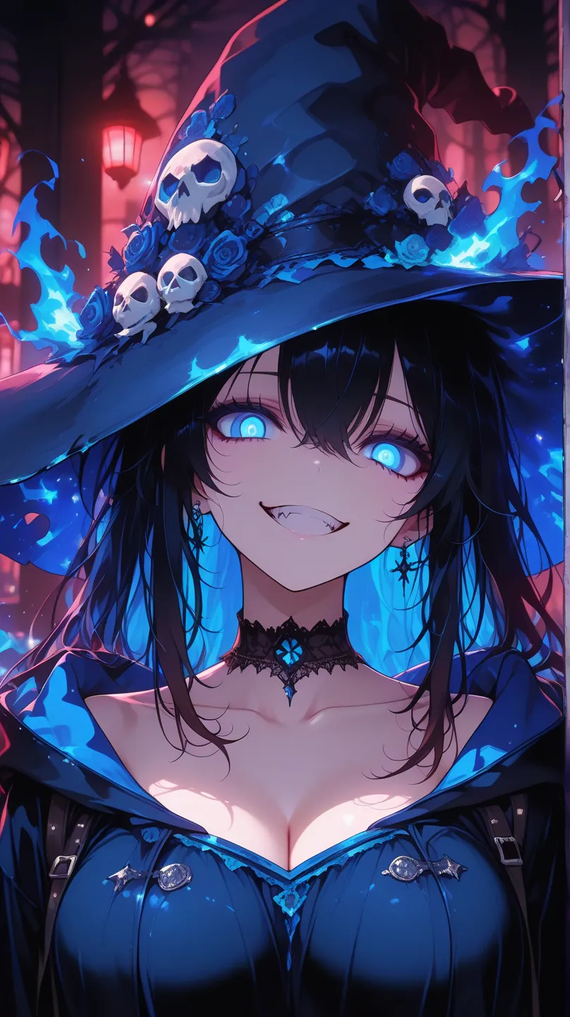 masterpiece, best quality, amazing quality, very aesthetic, newest, hyper-detailed, 1girl, upper body, black hair, very long hair, bright blue eyes, crazy eyes, crazy smile, evil grin, looking at viewer, head tilt, black witch hat with blue details, collar...