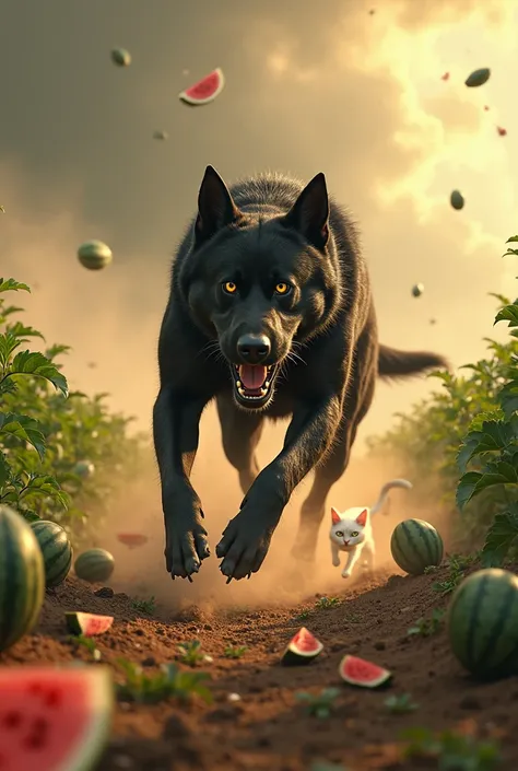 "A fierce black dog with glowing eyes and sharp, bared canine teeth is running at full speed across a dusty, green field of watermelon plants, chasing a frightened white cat. The dog's mouth is open in a ferocious growl, and his muscular body is tense with...