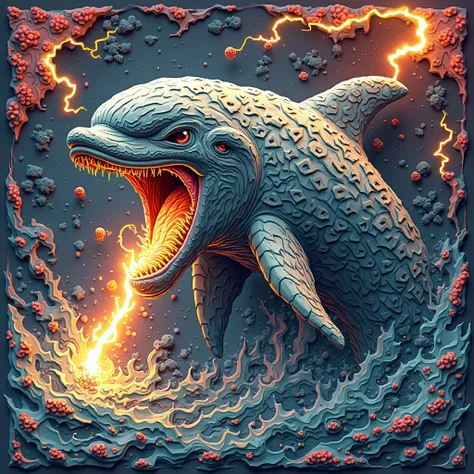 NFT 3D woodcut colorful wild dolphin full body 
 Angry giant shooting lightning through the mouth flashy