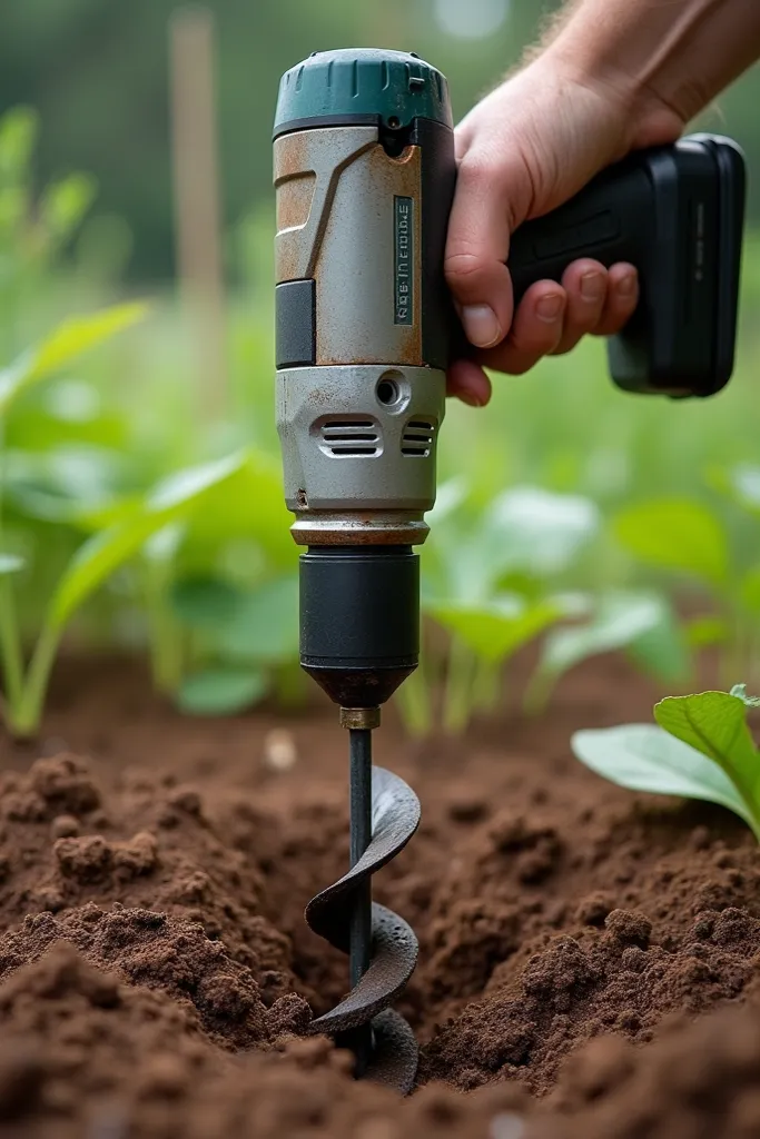 Electric drill used to make hole in soil