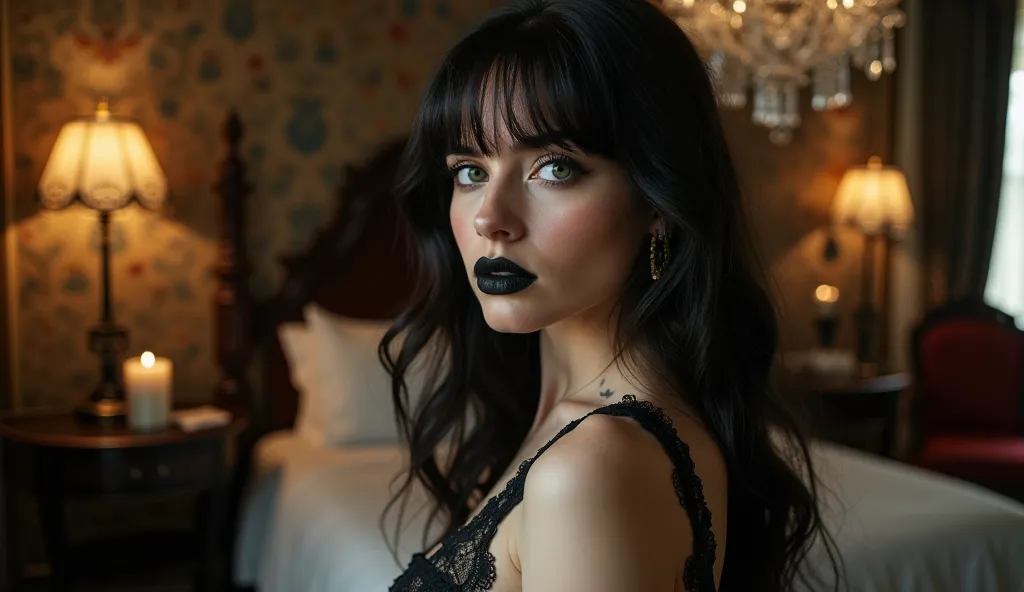 In a luxurious Gothic style hotel, with crystal chandeliers and walls adorned with dark tapestries, , there is a young woman of captivating beauty,  with green eyes. . Her skin is pale, made up in dark tones, black lips and nails, tattoos and soft bangs, c...