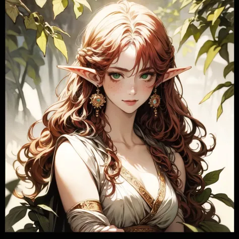 (watercolor: 1.2), elf princess, flower, freckles, fringe, red-haired,  long hair, green eyes, hair between the eyes, flower earrings,full body, sentado em um tronco no meio da floweresta, smiling, quite delicate , blurry background, high resolution ( deta...