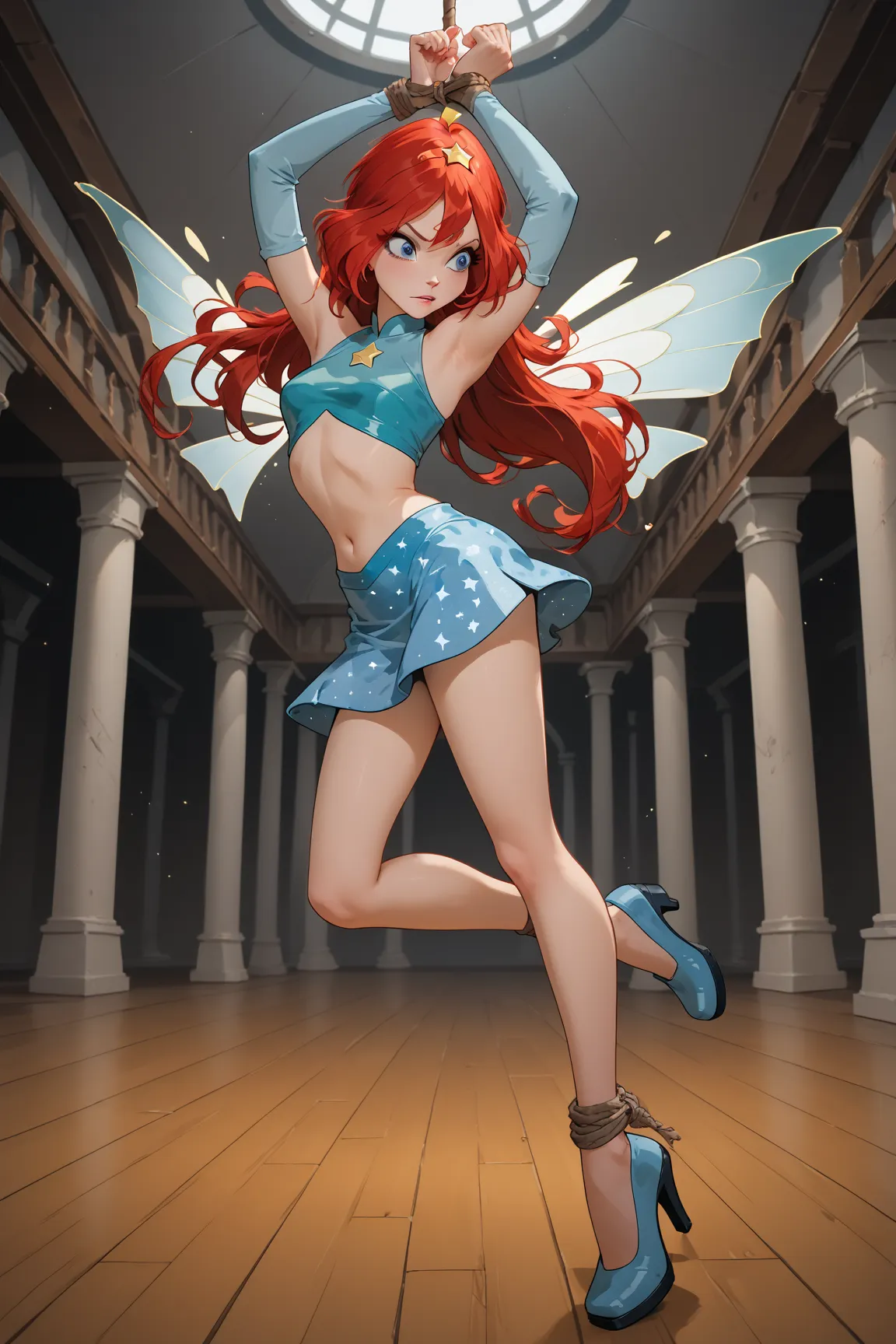 bloom (winx),charmix, wings, blue star pattern crop top, blue star pattern skirt, blue shoes, blue eyes, blue sleeves, hair ornament, red hair, stands on the floor, hands tied with a rope above his head to the ceiling, dark basement, one leg raised up behi...