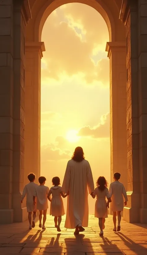 In an ultra realistic image Jesus is at the gates of Heaven to receive a  of around . A warm light surrounding the gates while. ren run with joy and innocence, and Jesus waits for them with open arms, with His smile radiating love and acceptance.  Jesus ge...